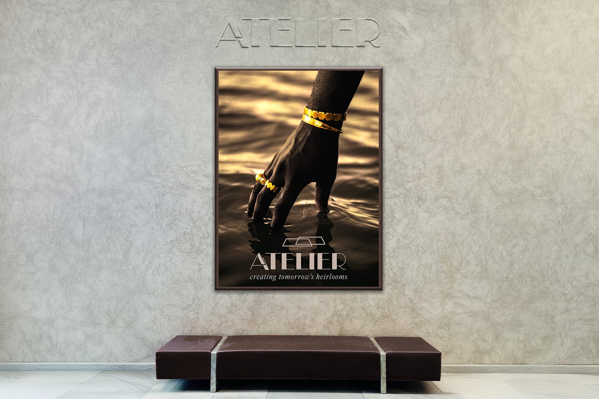 Atelier shop poster mockup showing a large wall poster above a chair in a retail interior setting