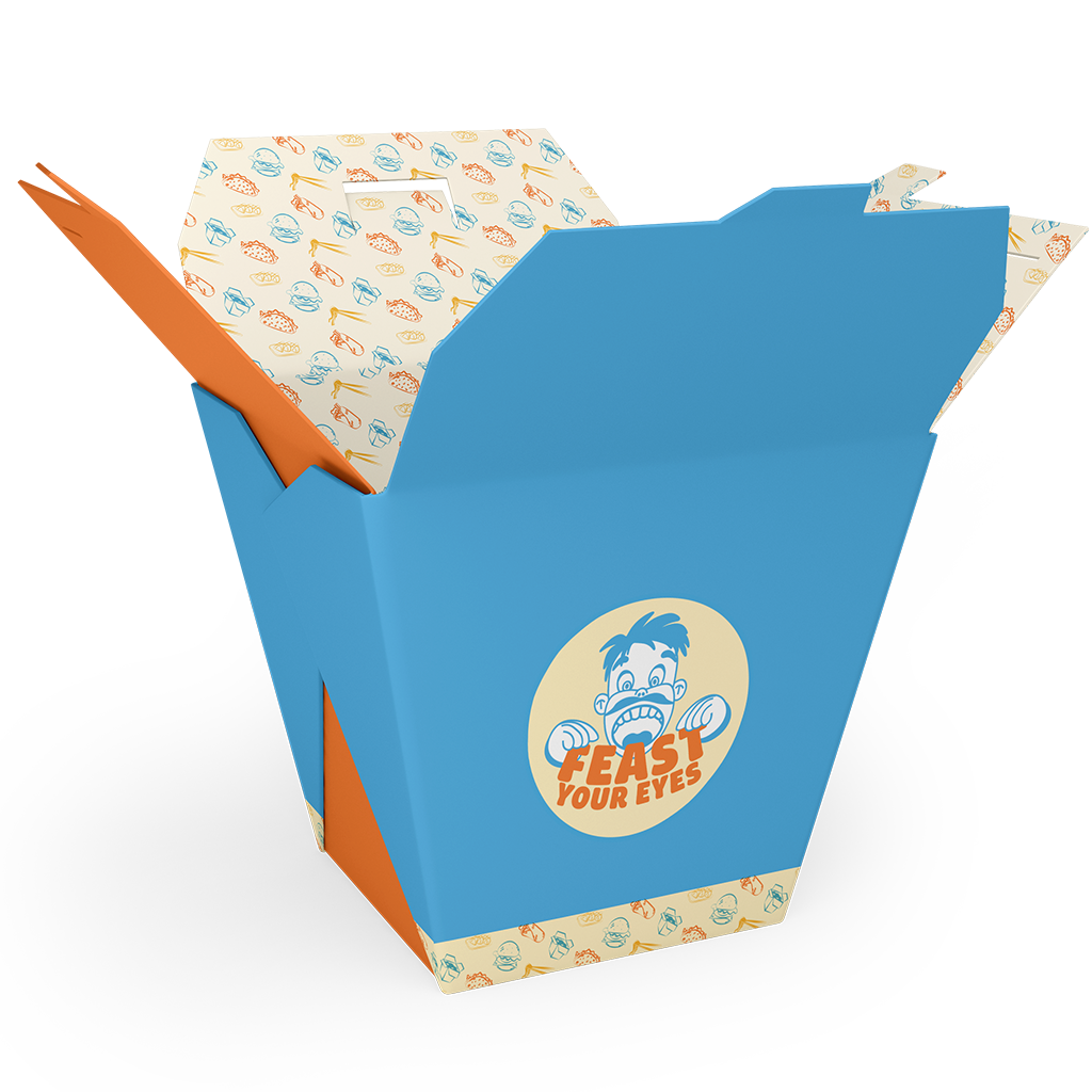Feast Your Eyes takeaway box mockup showing branded pattern design inside the packaging