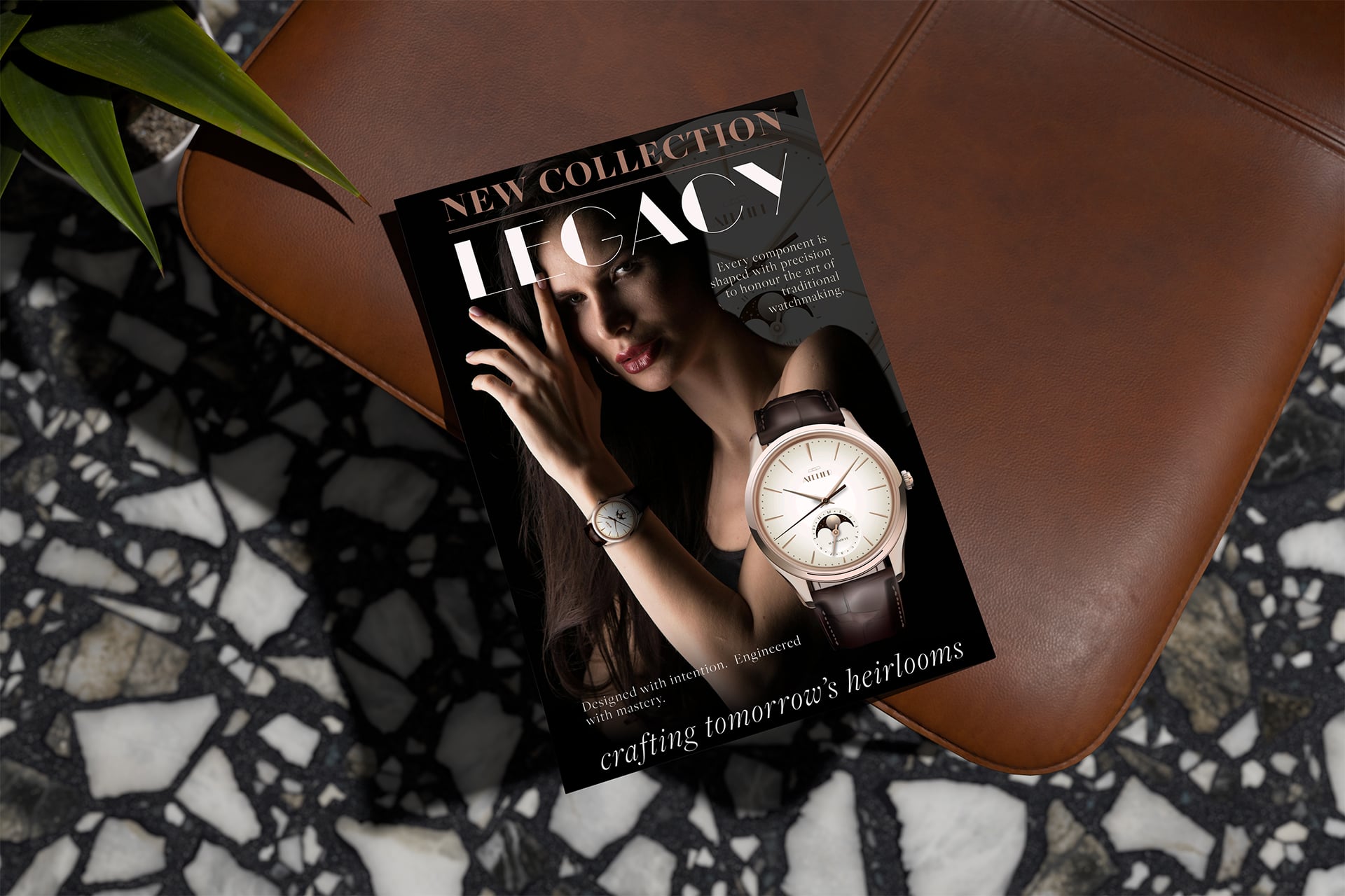 Luxury watch flyer mockup placed on a couch, featuring a refined poster design with elegant typography and a premium aesthetic.