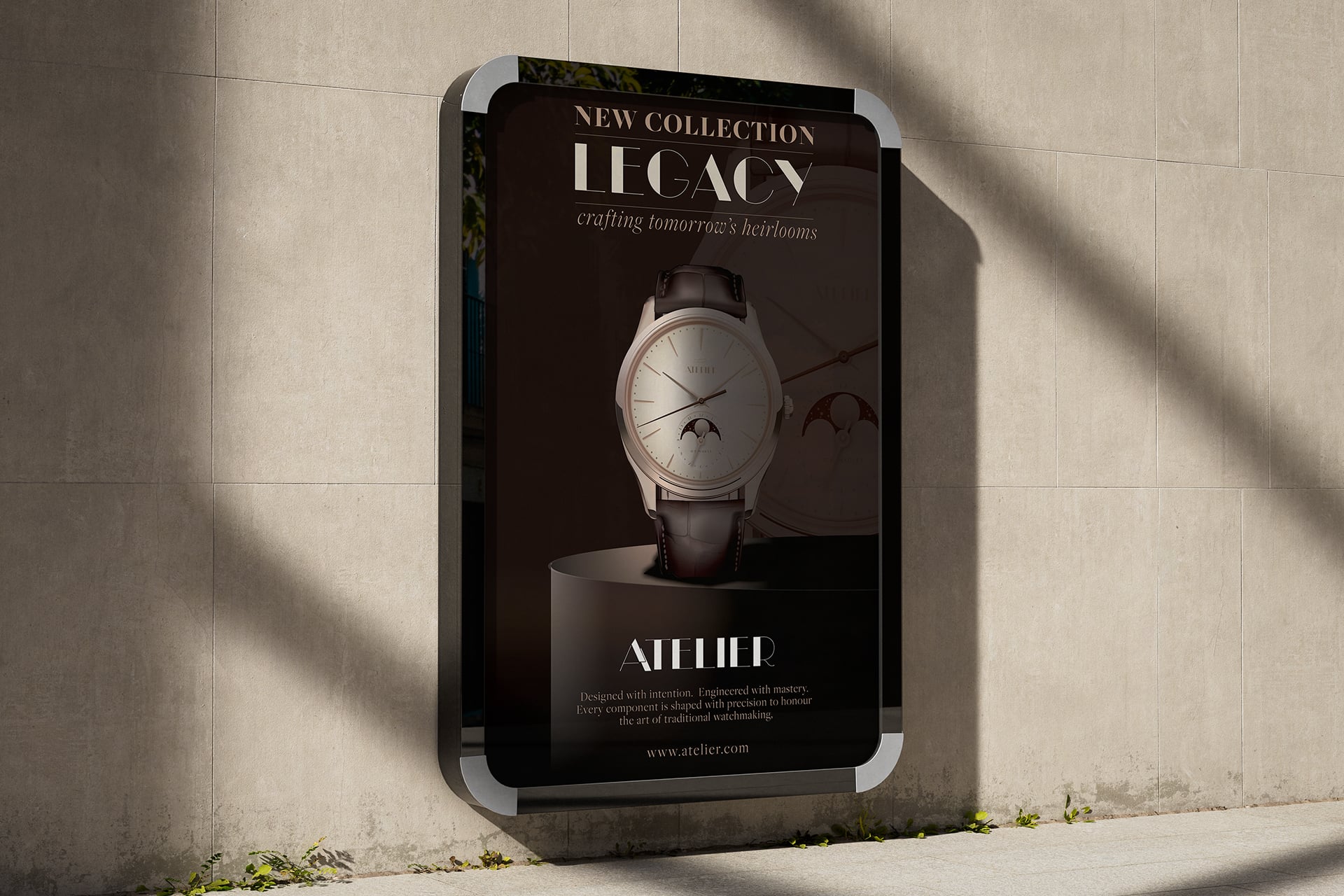 Luxury watch poster mockup displayed on a street billboard, featuring a refined design with strong lighting, typography, and a premium aesthetic.